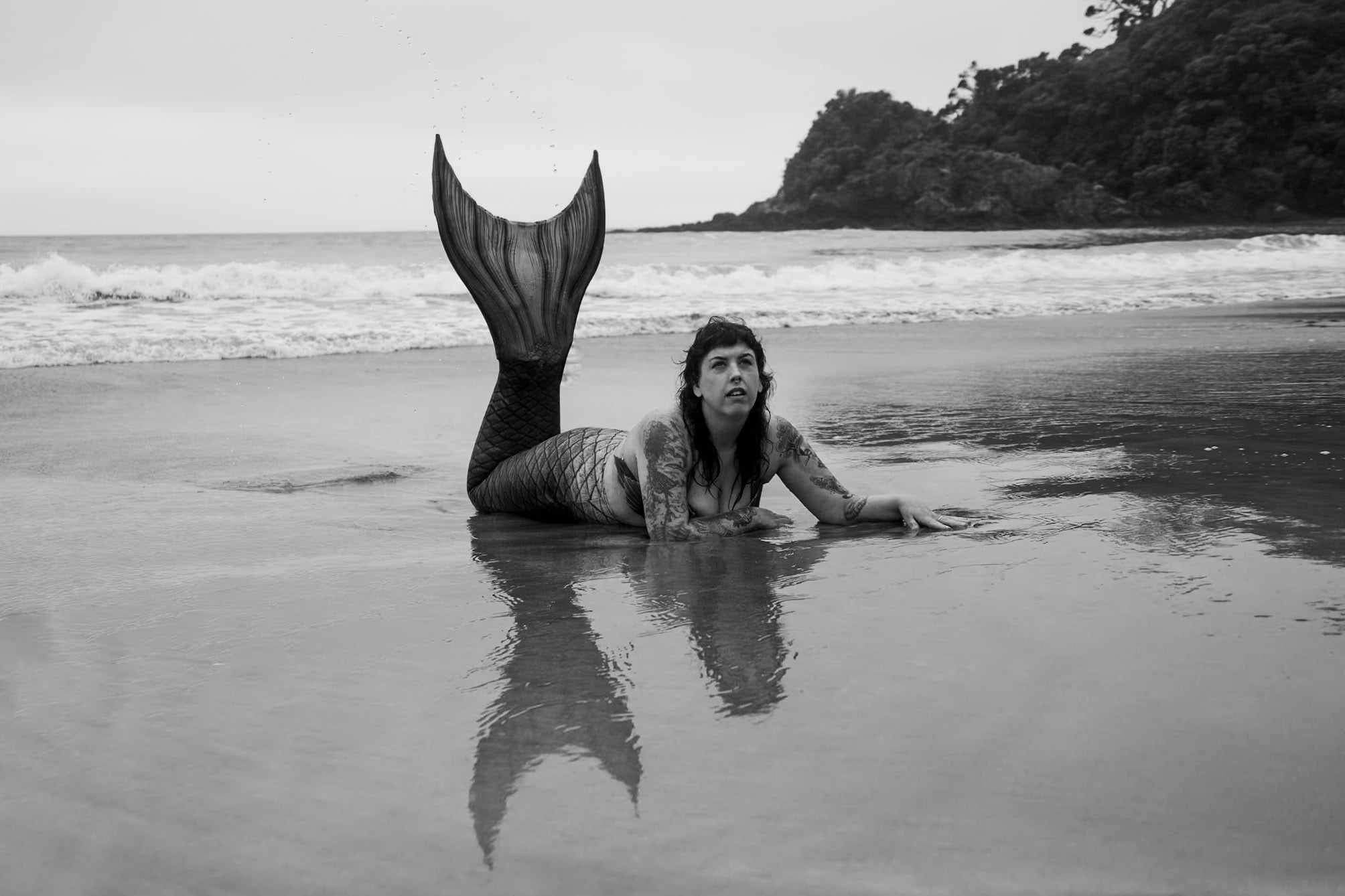 Mermaid tail in the water (black & white)